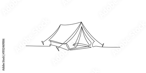 Minimalist continuous line drawing of a classic camping tent for outdoor adventure.