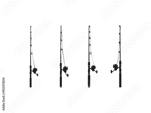 Straight fishing rod icons with spinning reels in different orientations for sport design