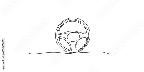 Minimalist line art illustration of a car steering wheel resting on a flat horizon line.