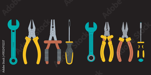 Set of various hand tools including wrenches pliers and screwdrivers flat design