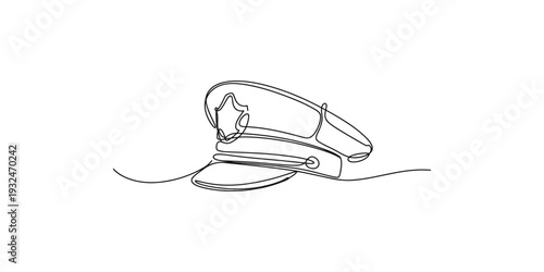 Continuous one line drawing of a police officer hat or peaked cap on white background.