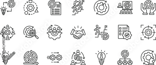 change management icon set collection. icon pack contain adapt, transition, strategy, lead, implement, plan, control, communicate, organize, execute icon