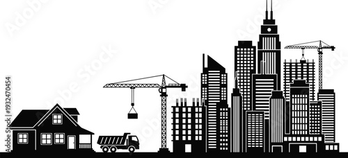 Urban construction skyline silhouette with house and crane, city development concept illustration isolated on white background