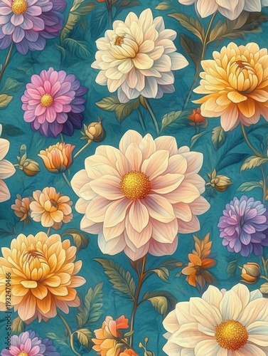 Soft pastel dahlias and layered blooms with buds and green leaves on a textured teal background, evoking cheerful tranquility