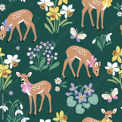Cute Easter deer with bow and spring flowers. Hand drawn floral background. Seamless vector pattern with fawn and butterfly.