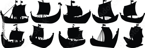 Viking ship silhouettes collection with sails and flags isolated on white background, ancient longboat vector illustration set