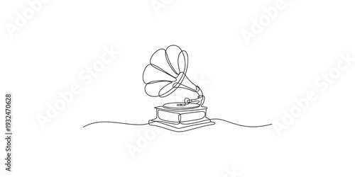 Minimalist continuous line drawing of a vintage gramophone record player on white background