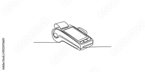 Continuous line drawing of a modern credit card pos terminal machine for payment.