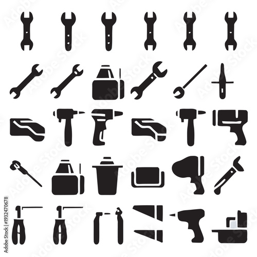 Professional hardware store product icons with spanners drivers and utility equipment