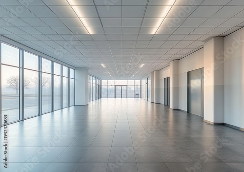 Wallpaper Mural spacious empty modern showroom with floor-to-ceiling windows, gray tiled floor, suspended grid ceiling with linear lights, glass entrance and elevator doors, bright serene minimalist interior Torontodigital.ca