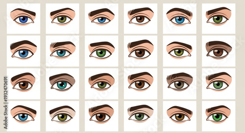 Collection of various eye shapes and eyebrow styles for artistic reference and design.