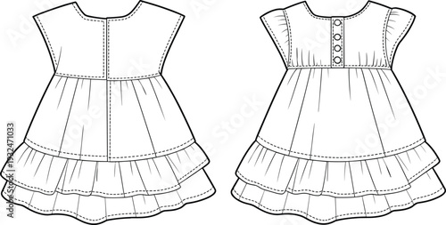Girls short sleeve ruffle dress with layered hem, buttoned placket, gathered waistline, back and front view, cad flat sketch vector