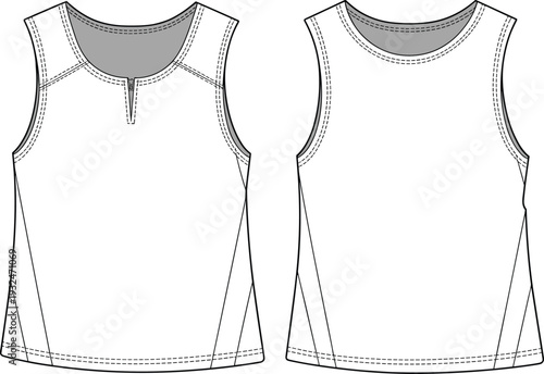 Girls sleeveless tunic top with split neckline and curved hem, front and back view, fashion cad flat vector template