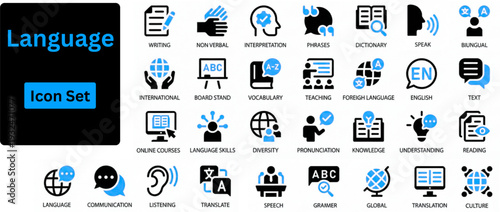 Language solid icon set. Language web icon set. Language translation, linguistics, speaking, dictionary, listening skills, writing, translate. Solid icons set. 