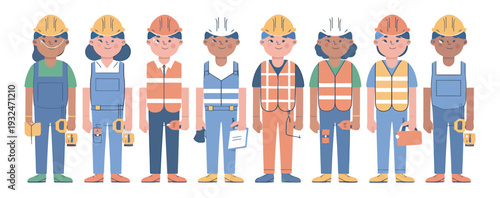 Diverse construction workers in safety vests and hard hats with tools