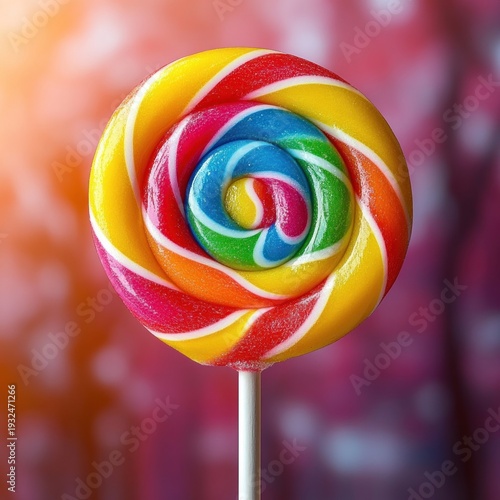 close-up of a colorful rainbow spiral lollipop on a white stick with sparkling sugar crystals against a warm blurred bokeh background, cheerful and playful