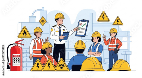 Construction workers and supervisor discussing safety protocols at industrial site with warning signs