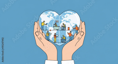 Hands cradling heart shaped globe with diverse people working together symbolizing global unity and care for the earth