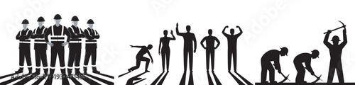 Industrial workers silhouettes performing various labor tasks and standing in groups