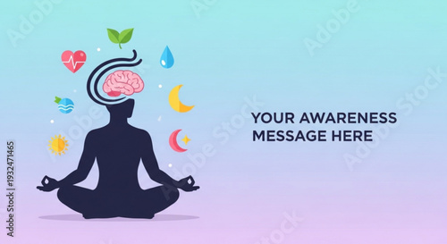Person meditating with brain surrounded by symbols of mental wellness mindfulness and self care in a serene environment