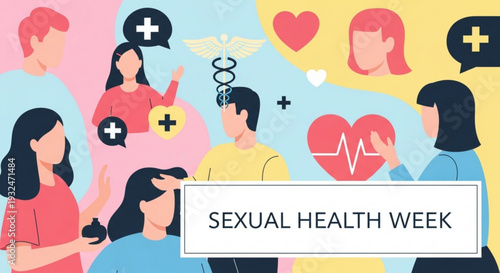 Diverse group of people discussing sexual health with medical symbols and hearts in a colorful illustration for sexual health week awareness
