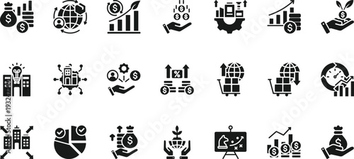 Economic development icon set. Icon pack contains finance, growth, investment, income, wealth, industry, trade, employment, innovation, productivity