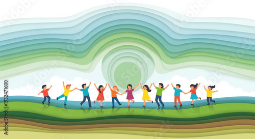 Diverse group of people holding hands in a circle on a green hill with colorful wavy lines in the background symbolizing unity and harmony