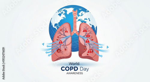 World copd day awareness illustration featuring human lungs and globe with warning signs