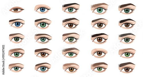 Collection of various eye illustrations showcasing different colors and styles on white background.