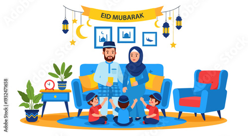 Eid Mubarak vector illustration of a happy Muslim family celebrating at home with festive decorations and hanging lanterns