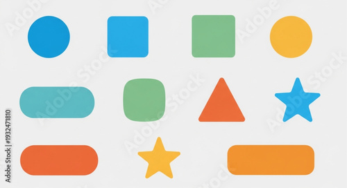 Colorful geometric shapes arranged in a visually appealing and organized pattern on a light background.