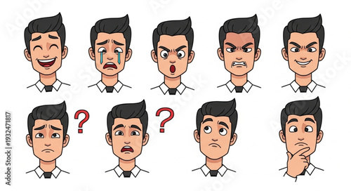 Diverse expressions of a man showcasing various human emotions and feelings.