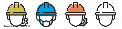 Construction hard hat icon set, safety helmet symbols in various colors