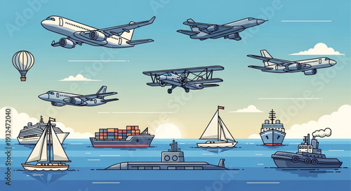 Various modes of transport including aircraft and ships on the water and in the sky.
