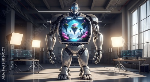 A futuristic robot standing tall in a modern studio, showcasing its internal display, surrounded by lights and technical equipment.