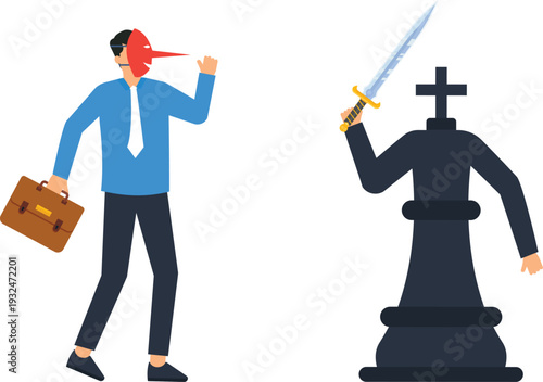 business deception, corporate fraud, ethical dilemma, moral conflict, lying businessman, pinocchio mask, justice concept, accountability metaphor, truth confrontation, 