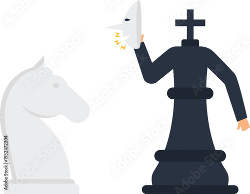 Chess strategy hidden identity corporate deception business game king piece knight piece flat design modern illustration revealing truth strategic planning power struggle game theory