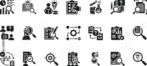 research icon set collection in solid glyph style.