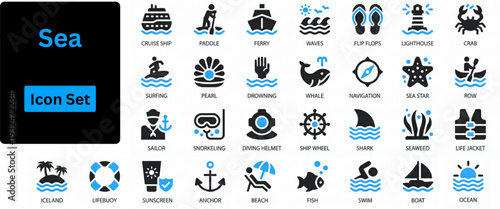 Sea solid icon set. Collection icons of sea and beach, marine animals, marine vehicles, waves. Solid icons set. 
