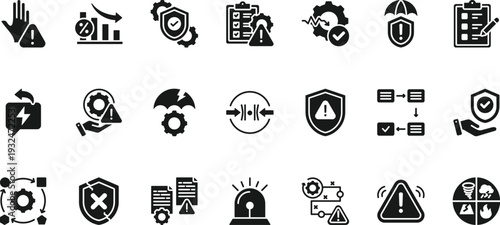 Mitigation icon set. Icon pack contains mitigation, prevention, reduction, control, protection, security, planning, preparedness, management, response