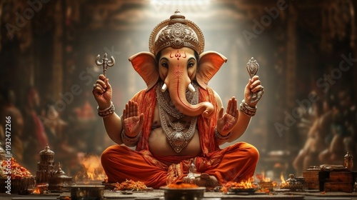 Vivid depiction of Lord Ganesha seated on lotus, holding traditional symbols, radiating wisdom, prosperity, and divine grace as remover of obstacles.