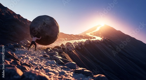 A person pushing a giant boulder uphill on a path towards the sunlight, symbolizing effort and perseverance