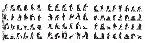 Construction workers silhouettes. builder labor man people working with tools