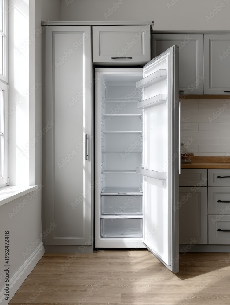 Fototapeta premium Modern kitchen with open refrigerator and natural lighting