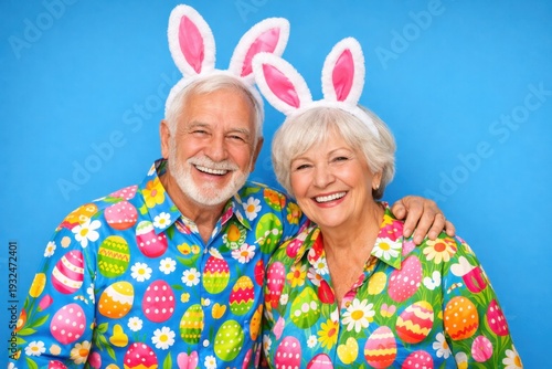 Smiling senior couple wearing bunny ears and colorful Easter shirts with egg pattern on blue background