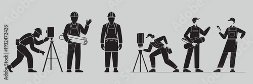 Construction workers in different poses with blueprints and measuring tools on gray background