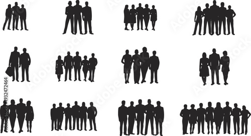 Collection of business team silhouettes standing together in groups isolated on white background, corporate teamwork and partnership illustration set