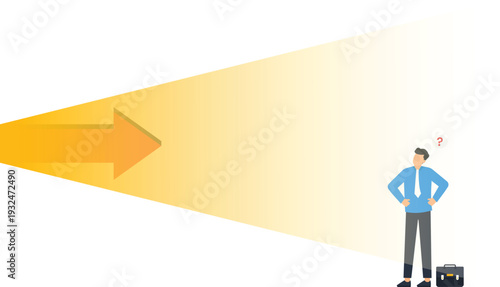 Businessman thinking career path decision making uncertain future strategic planning illuminated path corporate challenge business direction finding solution question mark bright arrow flat design