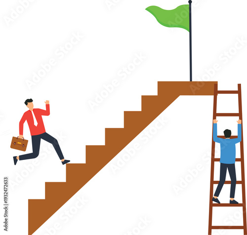 Business competition career path success strategy goal achievement corporate ladder running upstairs climbing ladder green flag different approach professional development reaching target flat design