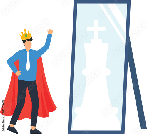 Businessman reflection leadership concept self confidence king crown success ambition powerful executive red cape mirror image inner strength corporate success